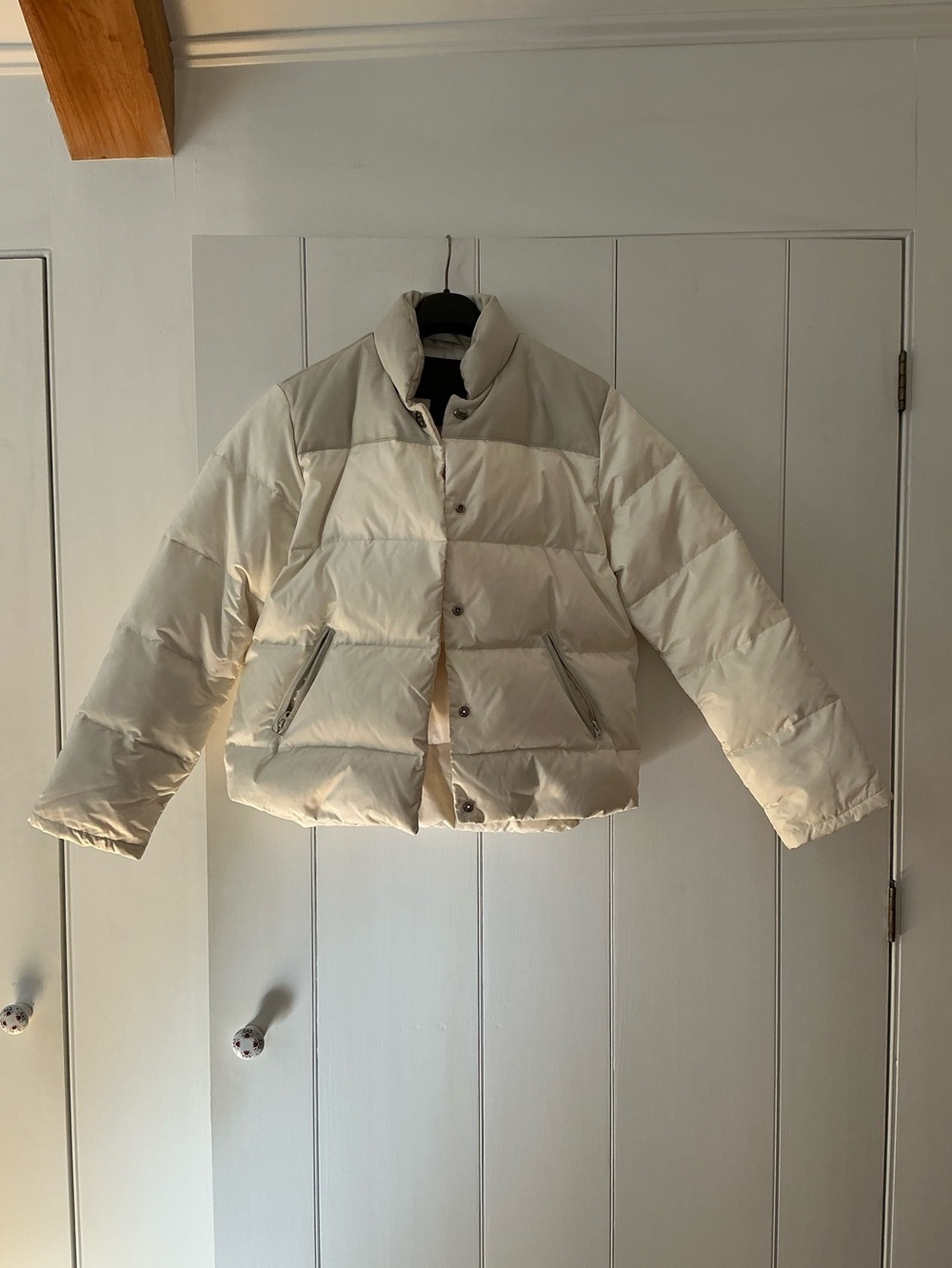 Coach Leather-Trim Down Short Puffer Jacket Off-White Cream Size S